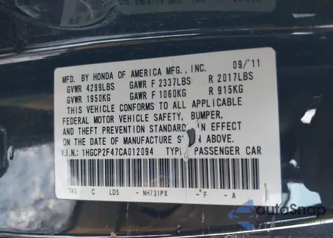 2012 Honda Accord 2.4 Lx-P z USA, uszkodzony, nr VIN 1HGCP2F47CA012094